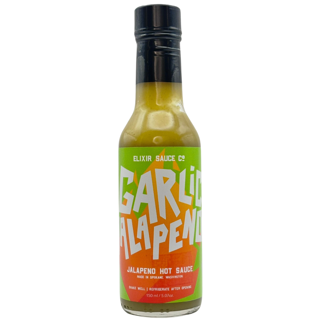 Bottle of Garlic Jalapeno hot sauce with a colorful label on a white background