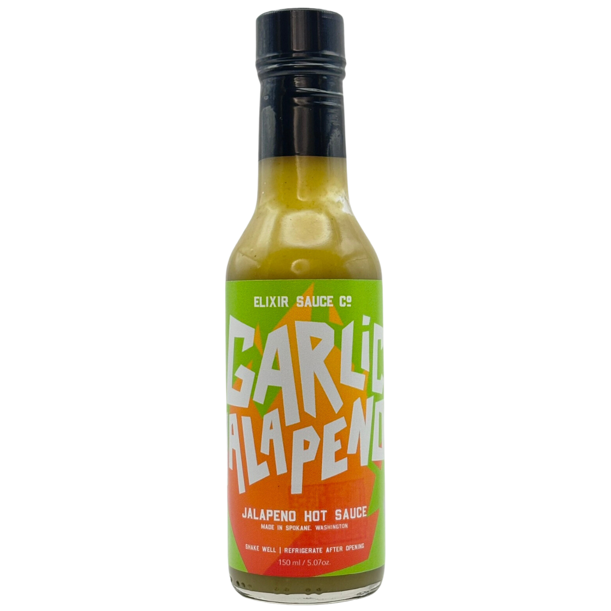 Bottle of Garlic Jalapeno hot sauce with a colorful label on a white background
