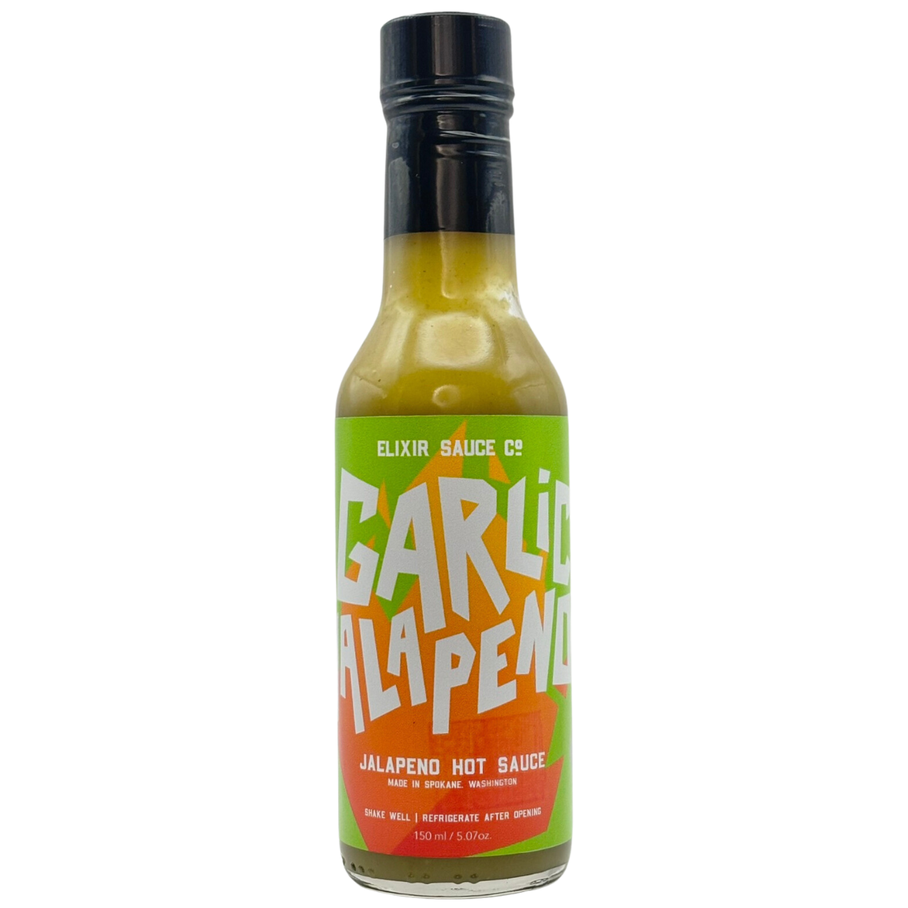 Bottle of Garlic Jalapeno hot sauce with a colorful label on a white background