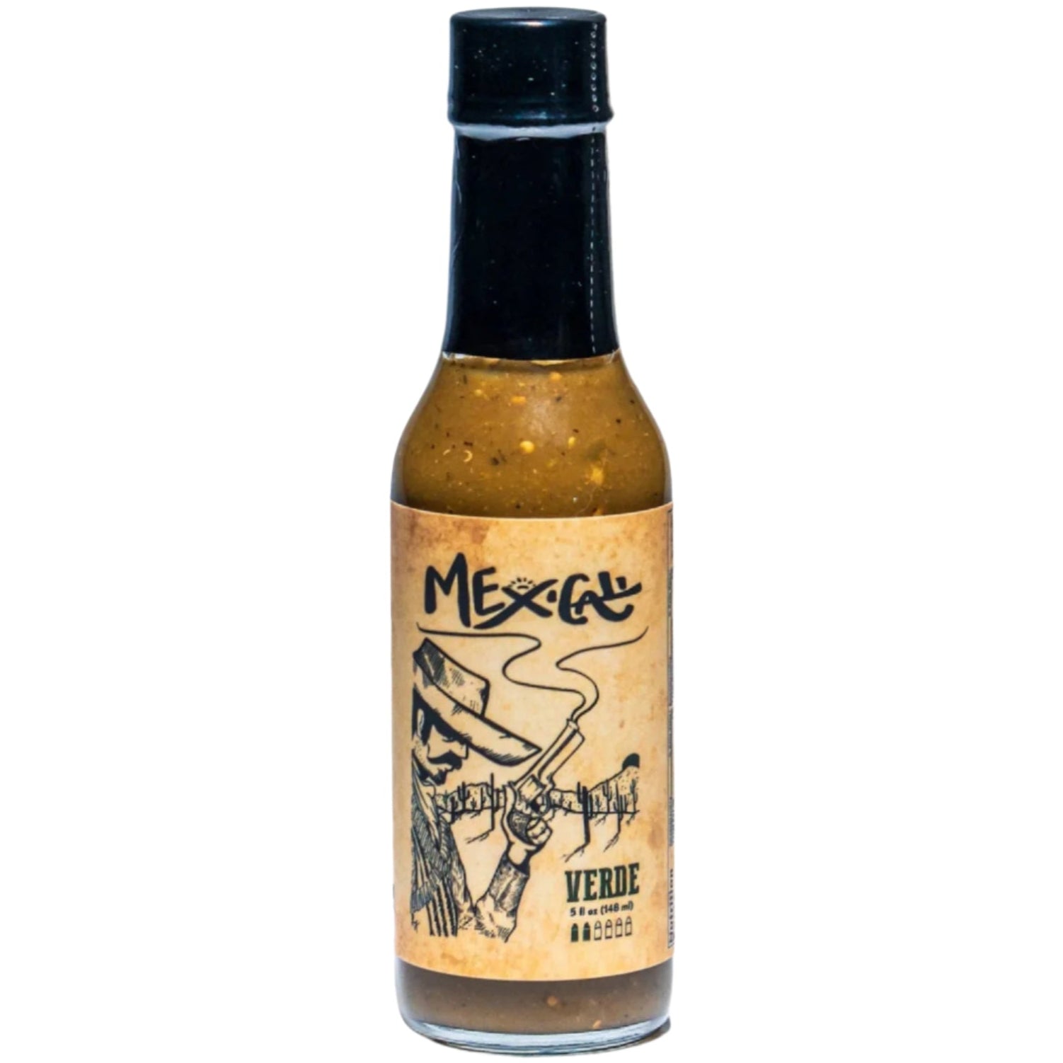 Bottle of Mexicali Verde hot sauce with a black cap on a white background