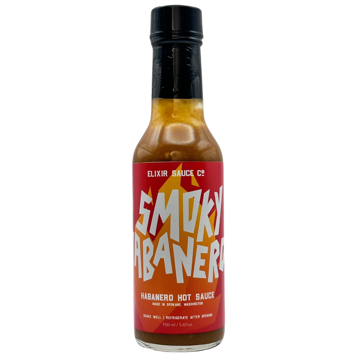 Bottle of Smoky Habanero hot sauce with a red label on a white background