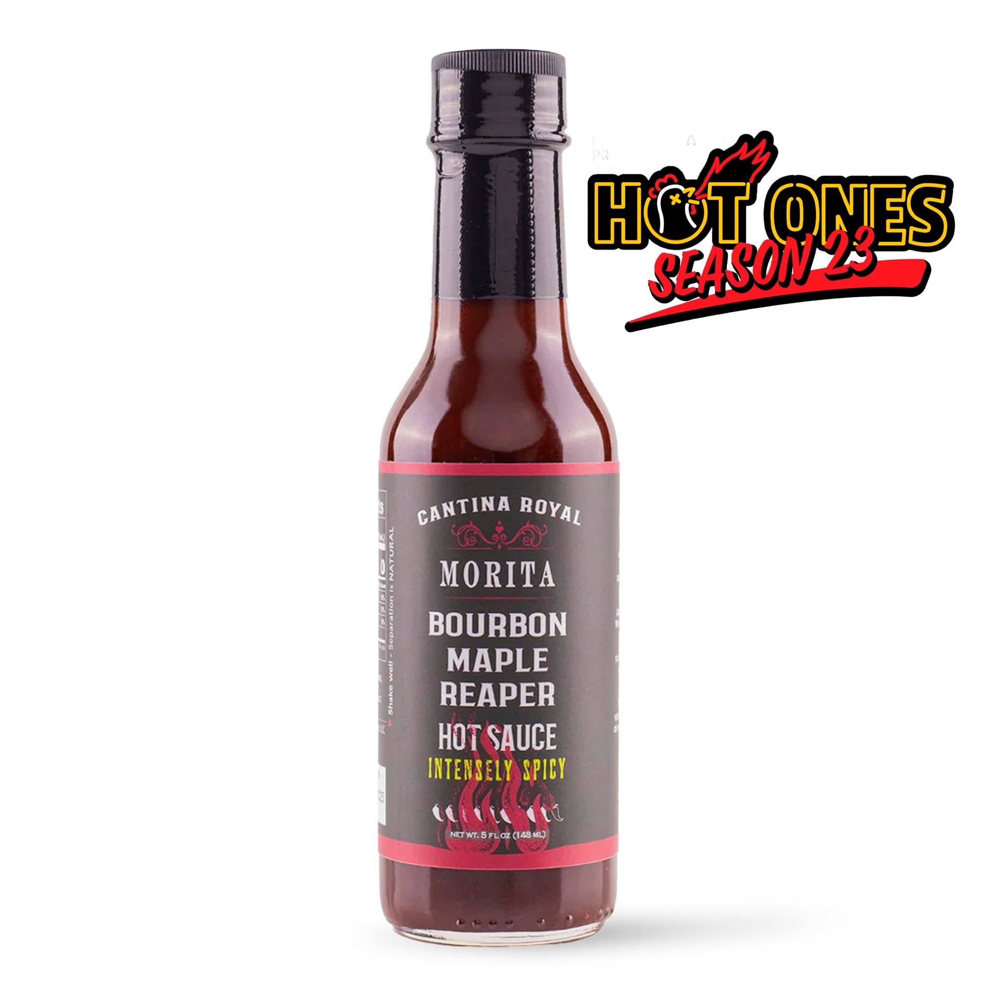 Bottle of Cantina Royal Morita Bourbon Maple Reaper Hot Sauce with 'Hot Ones' branding on a white background