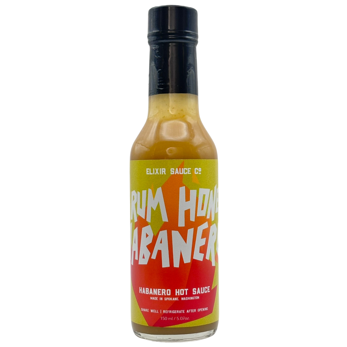 Bottle of Rum Hon Habanero hot sauce on a white background
