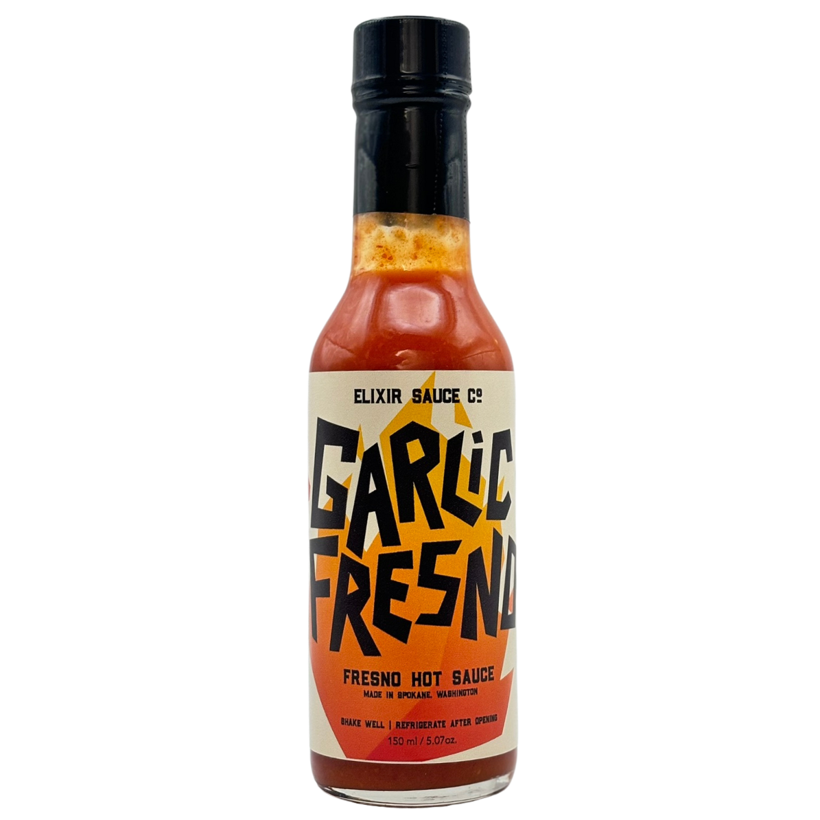 Bottle of Garlic Fresno hot sauce from Elixir Sauce Co. on a white background