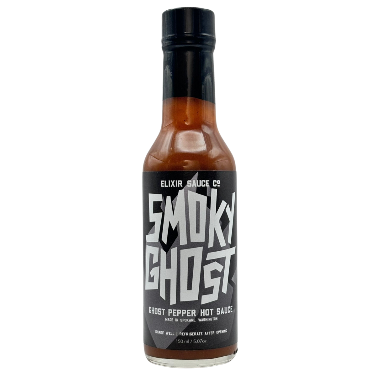 Bottle of Smoky Ghost hot sauce on a white background