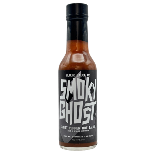 Bottle of Smoky Ghost hot sauce on a white background