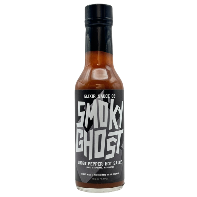 Bottle of Smoky Ghost hot sauce on a white background