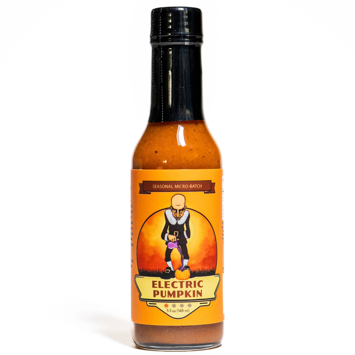 Hot sauce bottle with 'Electric Pumpkin' label on a white background