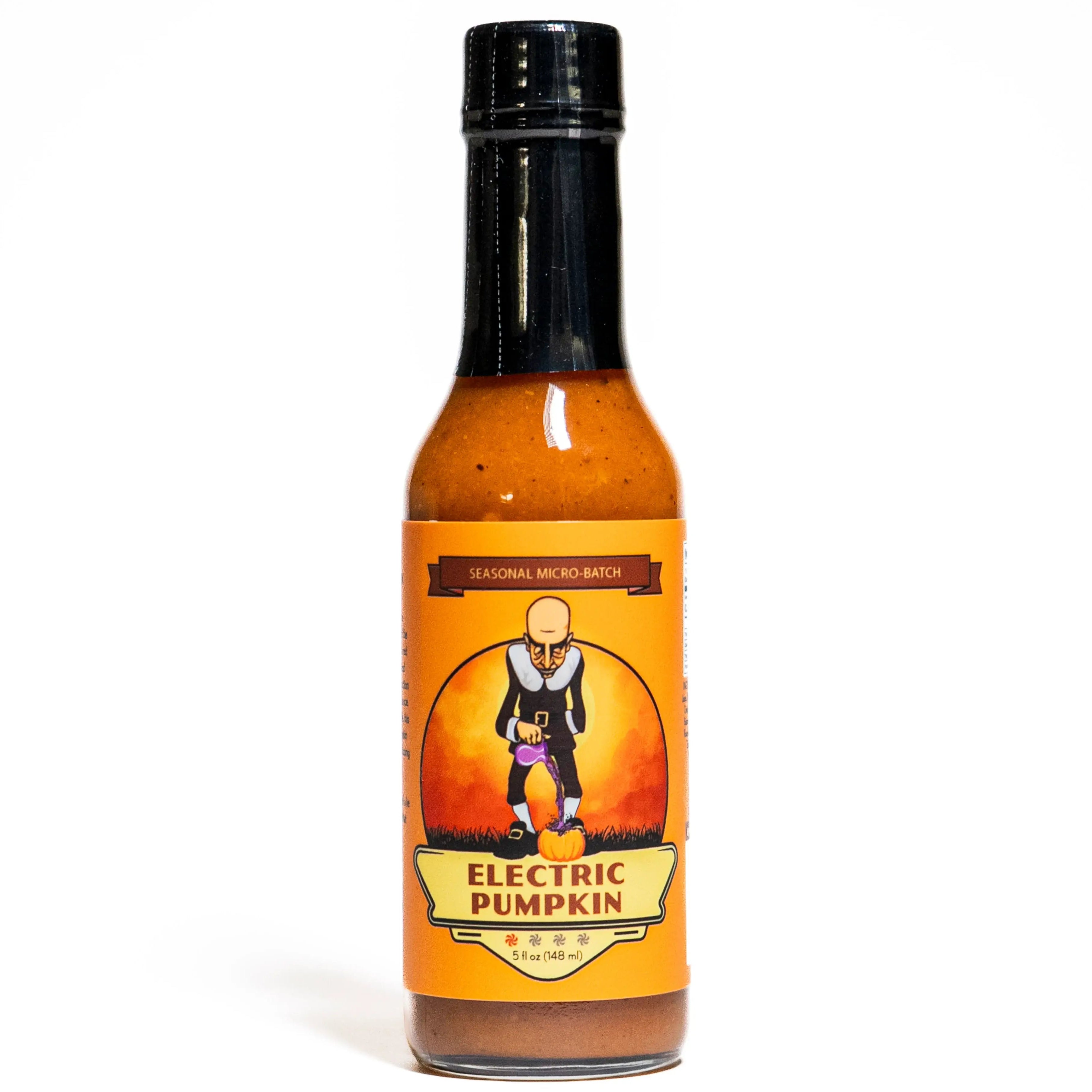 Hot sauce bottle with 'Electric Pumpkin' label on a white background