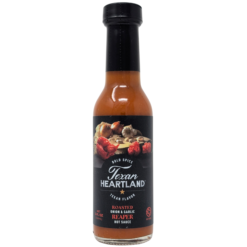 Bottle of Texan Heartland hot sauce on a white background